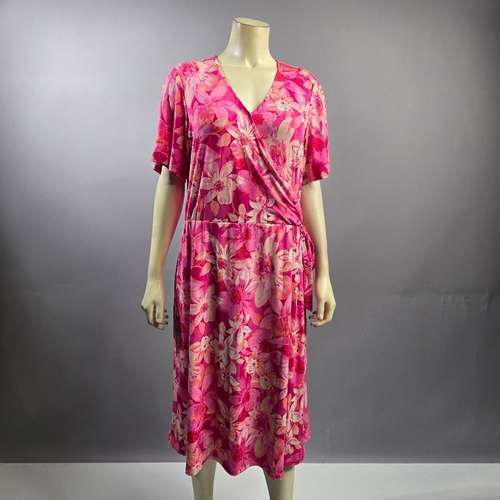 Susan Graver Pink and White Wrap Midi Dress with Flutter Sleeves R8